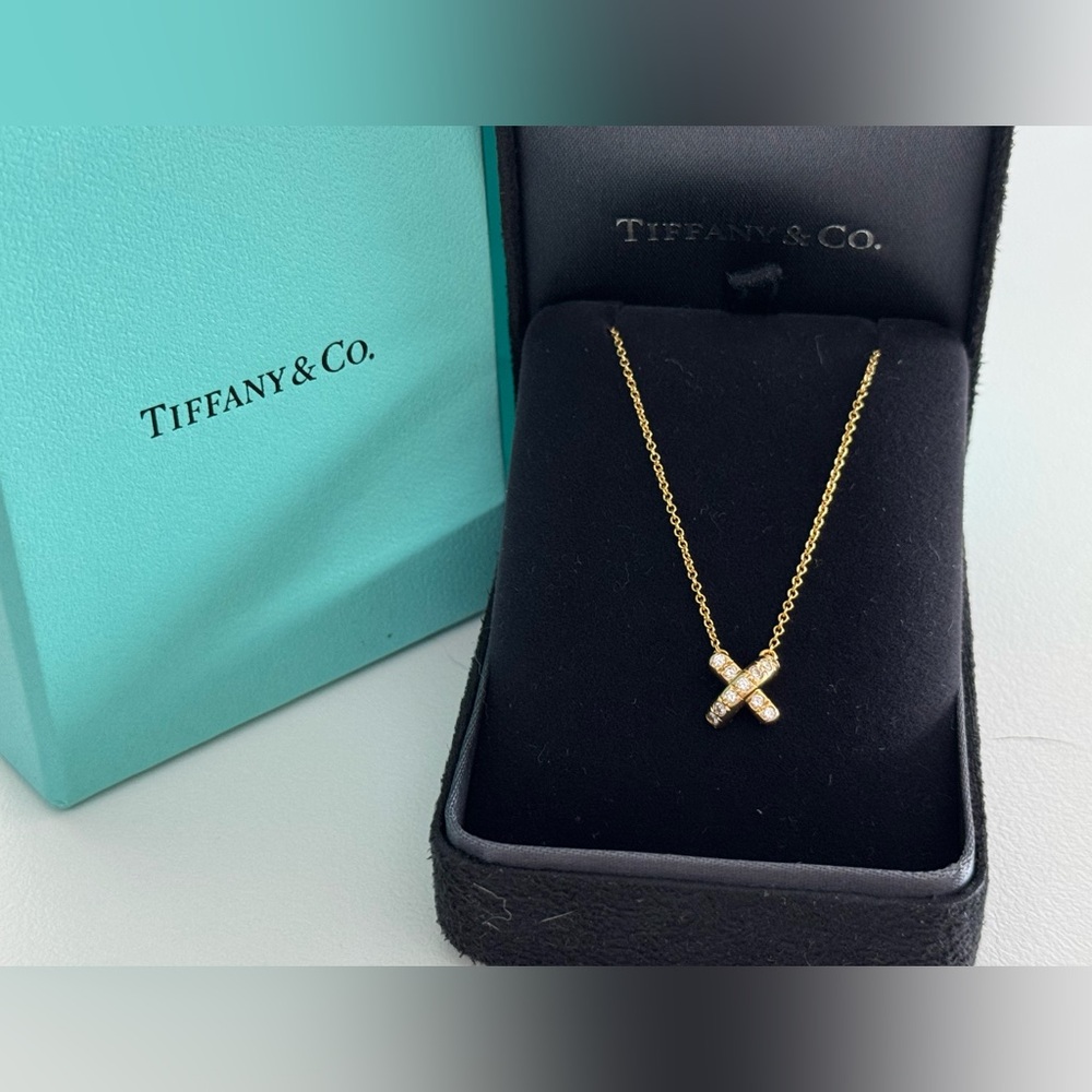 Tiffany & Co. 18K Yellow Gold Diamond Cross Stitch Pendant Necklace